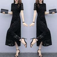 蕾丝连衣裙女长款2021夏季新款韩版时尚气质修身显瘦大码过膝长裙 黑色 M [105斤以下]
