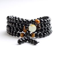 黑曜石夜光潮男女手链十二生肖情侣一对108颗佛珠多圈本命年手串 属鼠珠径6mm[蓝绿光]