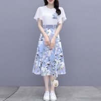 时尚套装女2021年秋季新款显瘦T恤ins印花雪纺上衣半身裙两件套女 蓝色套装 S 建议80-90斤