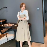 连衣裙设计感小众夏季2021新款女气质衬衫拼接法式别致假两件裙子 卡其色 S