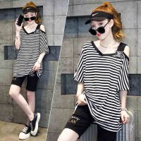 短袖条纹T恤女装夏季2021年新款宽松露肩中长款欧货洋气上衣ins潮 图片色 M [建议105斤以下]