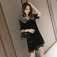 夏季新款甜美V领大码雪纺连衣裙女夏胖mm2021新款娃娃领百褶裙女 黑色雪纺裙(好质量) M