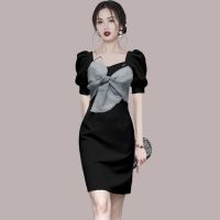 高端气质名媛泡泡袖连衣裙女2021年夏季新款修身包臀显瘦女装裙子 黑色 M 建议80-105斤