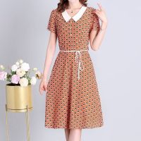 妈妈装连衣裙2021夏季新款中老年女洋气显瘦中长款娃娃领连衣裙子 红色[好质量] XL 建议90-105斤