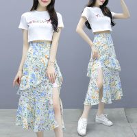 夏装套装2021新款女白色短袖T恤不规则碎花半身裙两件套时尚洋气 短袖+裙子 花色 S [80-100]斤