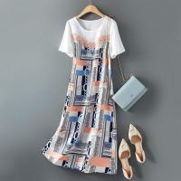 海谧印花拼接蕾丝连衣裙2021夏季新款简约百搭显瘦中长款透气裙子 白色 S