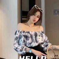 [两件套装]夏季学院风宽松印花一字领短袖上衣+高腰气质半身裙 上衣 S