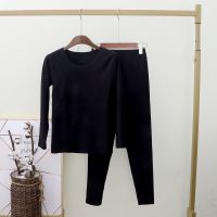 秋冬季德绒自发热无痕保暖内衣套装加绒加厚男双面磨毛女秋衣秋裤 黑色 德容女黑色(套装) M