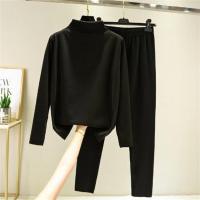 德绒自发热打底衫女秋冬新款长袖半高领保暖上衣秋衣秋裤两件套装 黑色 M 80-100斤