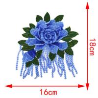 时尚百搭刺绣立体玫瑰色花流苏布贴 T恤衣服补丁贴花 服装修补贴 蓝色