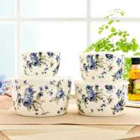 陶瓷保鲜碗4件套带盖密封家用大小号保鲜盒卡通可爱微波炉用 蓝色妖姬