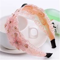 韩国女发饰水钻蕾丝发箍宽边镂空满钻头箍头饰防滑压发带钻发卡子 A-1[凤尾杏色]