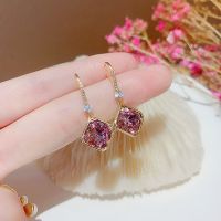 紫粉水晶耳环女韩国新款精致气质简约耳钩复古百搭时尚高级感耳饰 紫粉水晶耳钩(真金电镀)