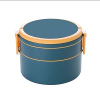 上班族饭盒双层日式便携微波炉便当盒分隔型大号可加热餐盒带餐具 蓝色 圆形双层[配勺子]
