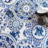 中国风蓝色印花棉麻布料 青花瓷仿蜡染窗帘桌布抱枕春夏服装面料 青盘