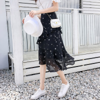 雪纺半身裙女夏季a字中长裙2021新款小个子碎花裙子高腰显瘦垂感 黑色星星 XS
