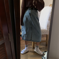 卤卤lulu 开叉牛仔裙女半身裙中长款小个子高腰复古休闲a字长裙夏 蓝色 S