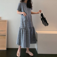 夏季新款小格子连衣裙女韩版宽松显瘦中长款过膝荷叶边裙休闲长裙 格子 S