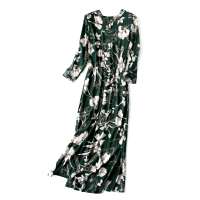 20春秋长袖连衣裙女 开扣小立领碎花棉绸裙 收腰包臀旗袍开叉长裙 墨绿芙蓉花 L(建议115-135斤)