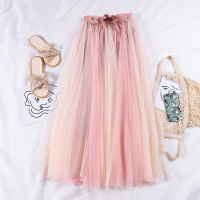 0647夏季新款chic小清新网纱裙复古蓬蓬裙跳舞裙子长裙学生半身裙 粉杏色 均码