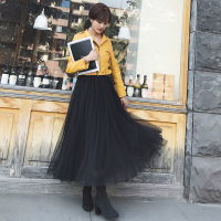 新款网纱裙垂感显瘦中长半身裙百褶蓬蓬裙小个子女大码松紧长裙夏 黑色单层优质网沙 68长度(身高145-152)
