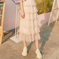 夏季高腰仙女裙chic温柔小个子蛋糕裙半身裙超仙网纱裙层层中长裙 杏色() XS