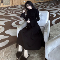 秋冬女装大摆长裙斗篷披肩复古小黑裙荷叶边喇叭袖高腰长款连衣裙 黑色 S