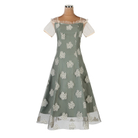 夏季修身显瘦甜美小清新连衣裙短袖蕾丝钩花公主裙方领大摆中长裙 B13#9103A绿色 S
