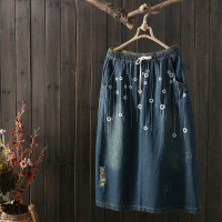 文艺女式牛仔裙松紧腰2020夏季半身裙宽松中长裙系带破洞小花刺绣 深蓝色 L