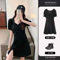 法式方领小心机连衣裙女夏季气质显瘦中长款泡泡袖开叉小黑裙长裙 黑色短款 M