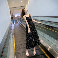 波点吊带连衣裙女2021新款夏裙子小清新过膝雪纺流行百搭蛋糕长裙 黑色 S