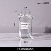 ins风北欧轻奢透明玻璃花瓶简约桌面装饰摆件手提竖纹水养插花瓶 小棕瓶[口径6*高16]