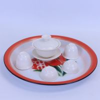 老式搪瓷盘子大号加厚圆形水果盘中式敬茶盘结婚托盘家用果盘怀旧 30cm红茶盘随机花