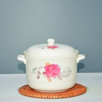 陶瓷双耳带盖猪油罐汤碗油瓶家用厨房大容量微波炉饭碗汤锅储物罐 6.5英寸眉清目秀