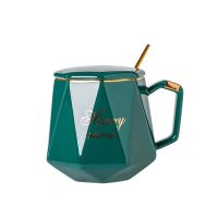 轻奢新款北欧马克杯陶瓷创意个性潮流陶瓷杯带盖勺办公室情侣水杯 新菱形杯绿色