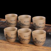 提梁壶功夫茶具整套1壶6杯简约家用陶瓷泡茶壶茶杯大号容量凉水壶 大杯6个-粗陶(富春图)安全包装