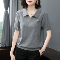 带领上衣女2020夏季新款妈妈装宽松大码遮肚翻领短袖t恤女POLO衫 灰色短袖(胸前V字牌) L90-105斤