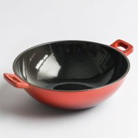 小幸福珐琅锅铸铁老式加厚炒锅铁锅无涂层不粘锅家用双耳小炒菜锅 24cm中国红小炒锅(单锅)内亮黑