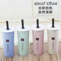 小麦秸秆吸管水杯带盖防摔奶茶杯子家用环保随手杯韩版创意吸管杯 樱花粉 450ml