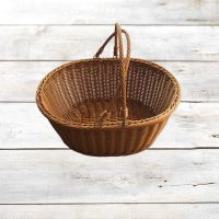 仿藤编带盖野餐篮子收纳筐收纳盒菜篮子购物篮收纳篮手提篮清洁篮 茶色 旦形活耳篮小号36*26*16