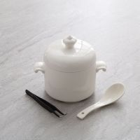 陶瓷隔水炖盅带盖双盖双耳炖燕窝盅蒸蛋盅炖罐家用小汤盅炖盅碗 纯白小号 送瓷勺+ 镊子