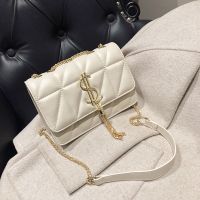 法国小ck高级质感包包女新款流苏菱格链条小方包女单肩包女包斜挎 白金色