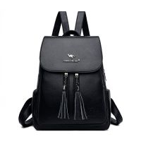 真皮双肩包女2021新款时尚休闲背包韩版软皮大容量旅行包女包 黑色[关注店铺送钱包]