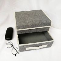 抽屉式双层棉麻布艺收纳盒桌面内衣内裤袜子分类收纳盒柜式储物箱 灰色双层一抽25*20*18CM