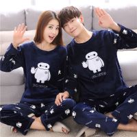 秋冬款法兰绒情侣睡衣男士冬天加绒加厚睡衣女士珊瑚绒家居服套装 绒-深蓝大白 女M+男L