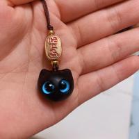 黑檀木卡通招财猫头钥匙扣吊坠挂件车挂件可爱男女包挂项链 小小猫蓝眼睛