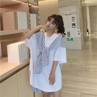 夏季2021新款假两件大码拼接披肩式宽松中长款镂空短袖T恤女ins 白色 S 建议80-95斤