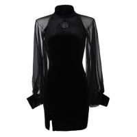 显瘦修身旗袍连衣裙2021新款灯笼袖立领丝绒开叉包臀雪纺拼接短裙 黑色[优质金丝绒] S[70-85斤]