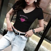 短袖女白色t恤紧身上衣2021年夏季新款百搭V领半截袖修身体恤衫 单件DV黑色短袖V领 S [建议70-90斤]