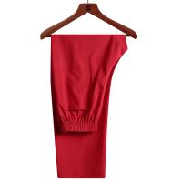 春夏季薄款男中老年唐装单件裤子松紧腰围爸爸爷爷宽松休闲直筒裤 红色棉[单件裤子] XL 建议[90-115斤]